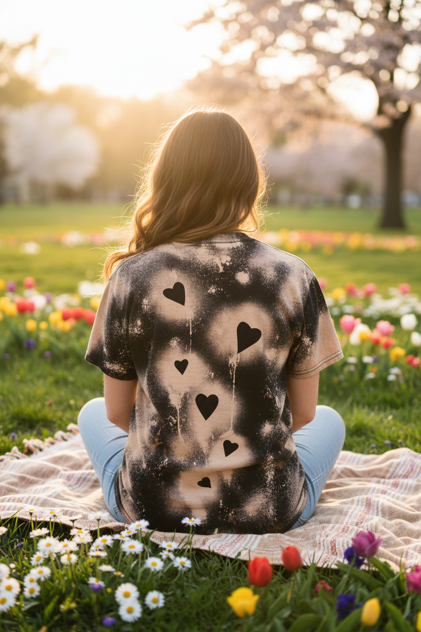 Beauty of the Rose back shot woman in park with floating hearts pattern
