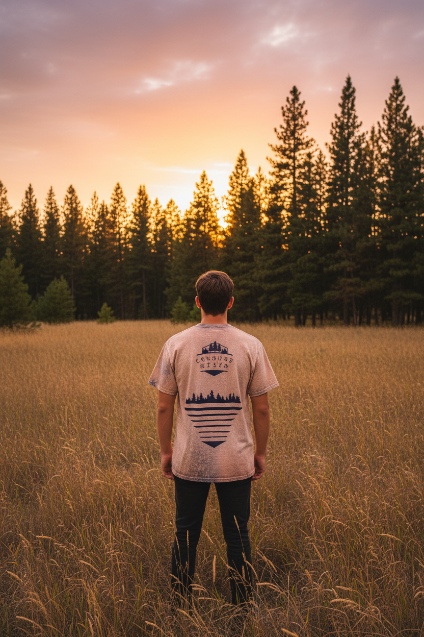 City Livin Country Risin back shot man at pine forest edge at sunset