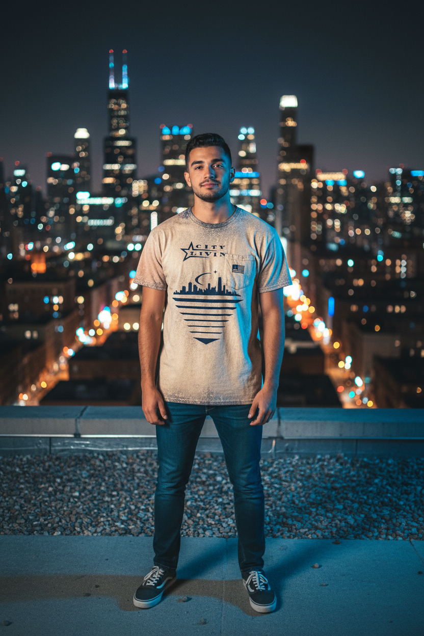 City Livin front shot man on rooftop at night with city skyline design