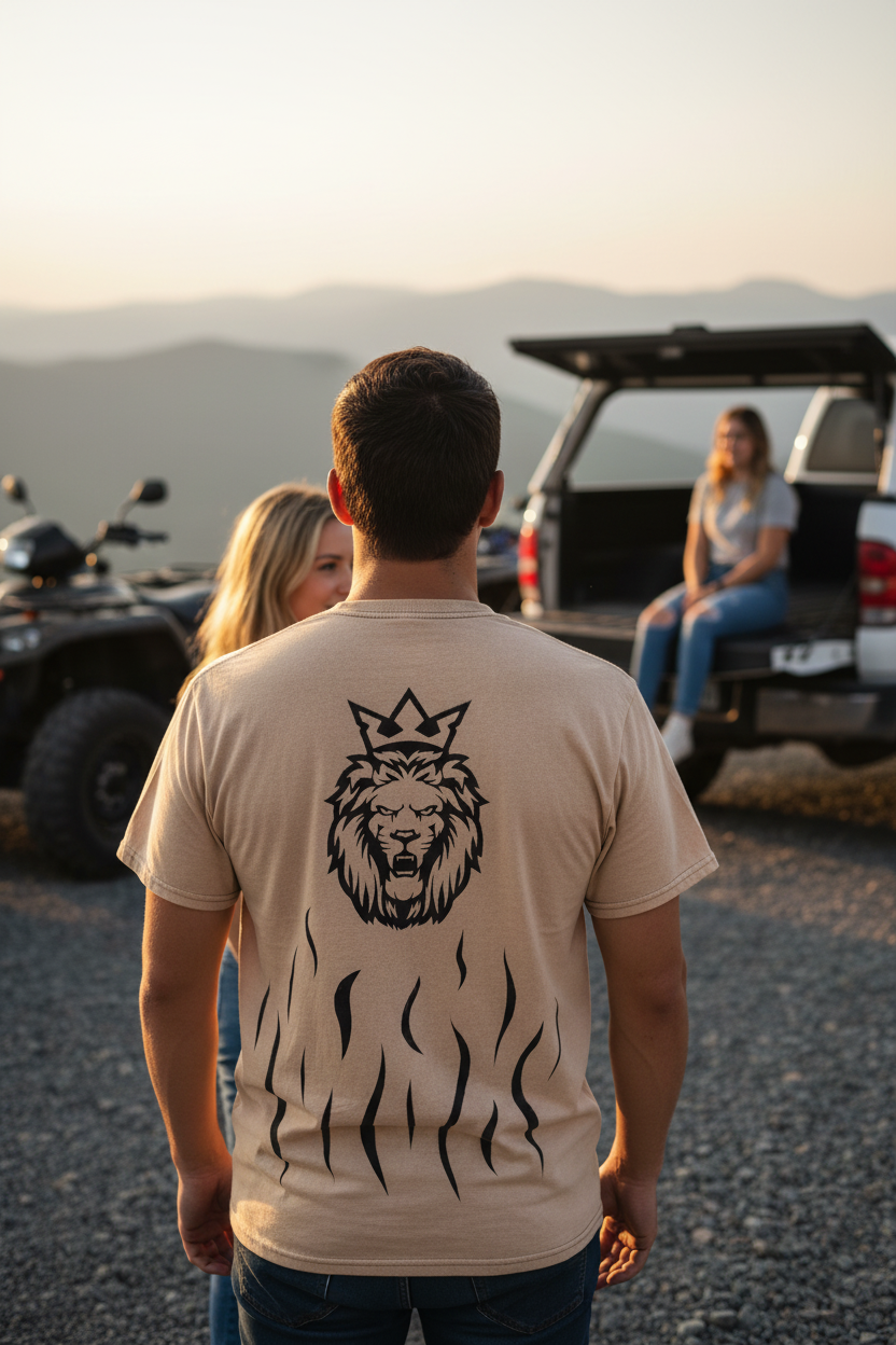 Close-up of King Tiger shirt back with woman beside him and woman on truck tailgate in mountain setting