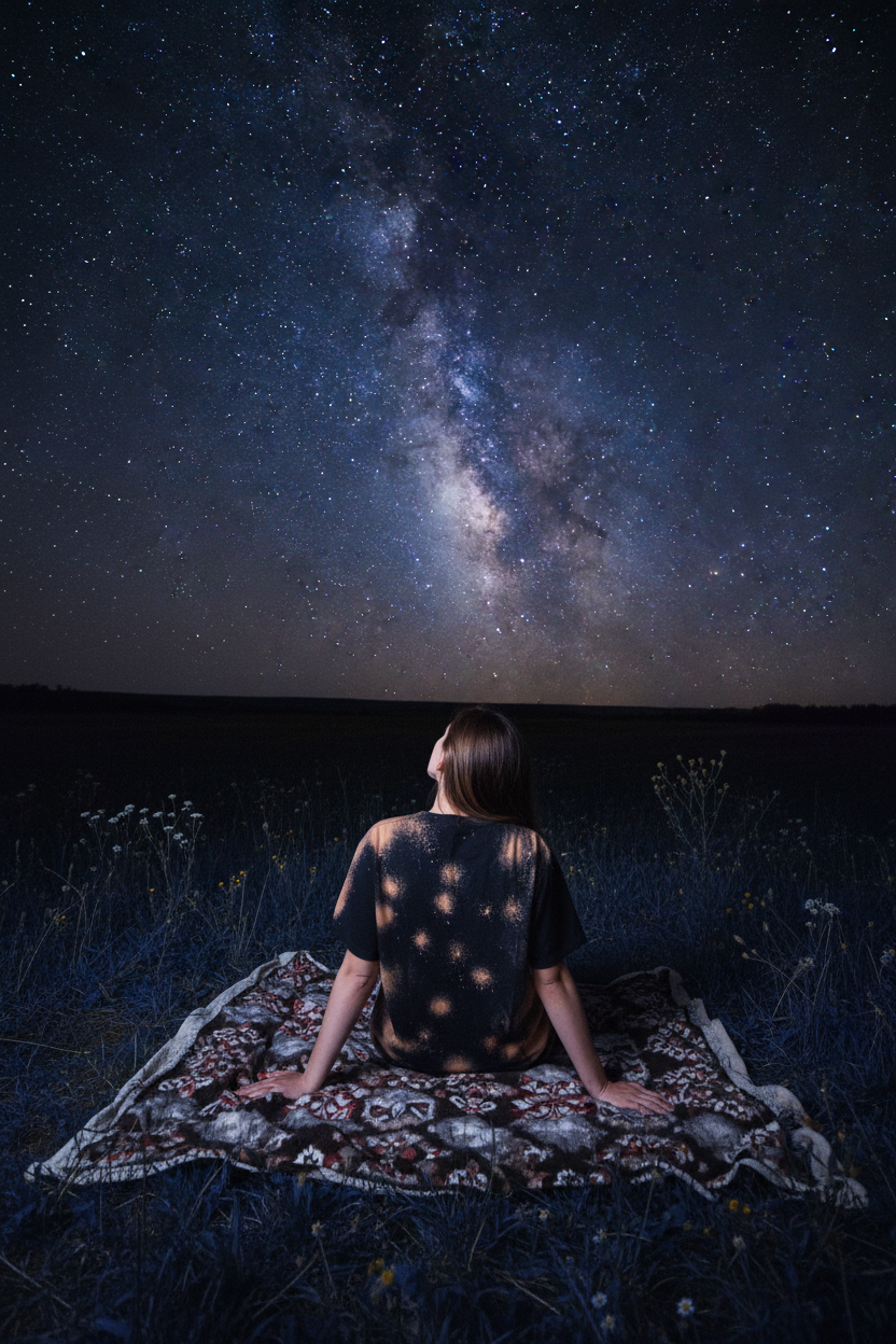 Dream ON back shot woman in field under Milky Way with polka dot bleach pattern