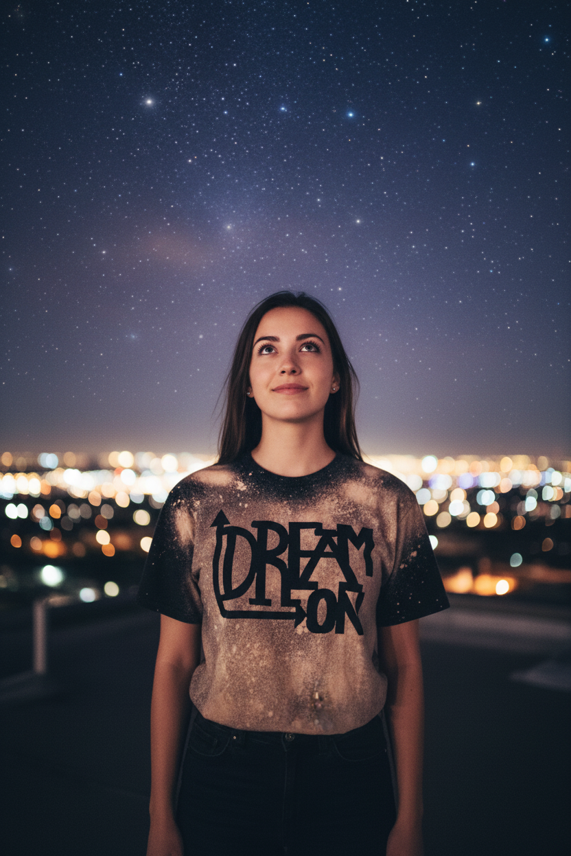 Dream ON front shot woman on rooftop under stars