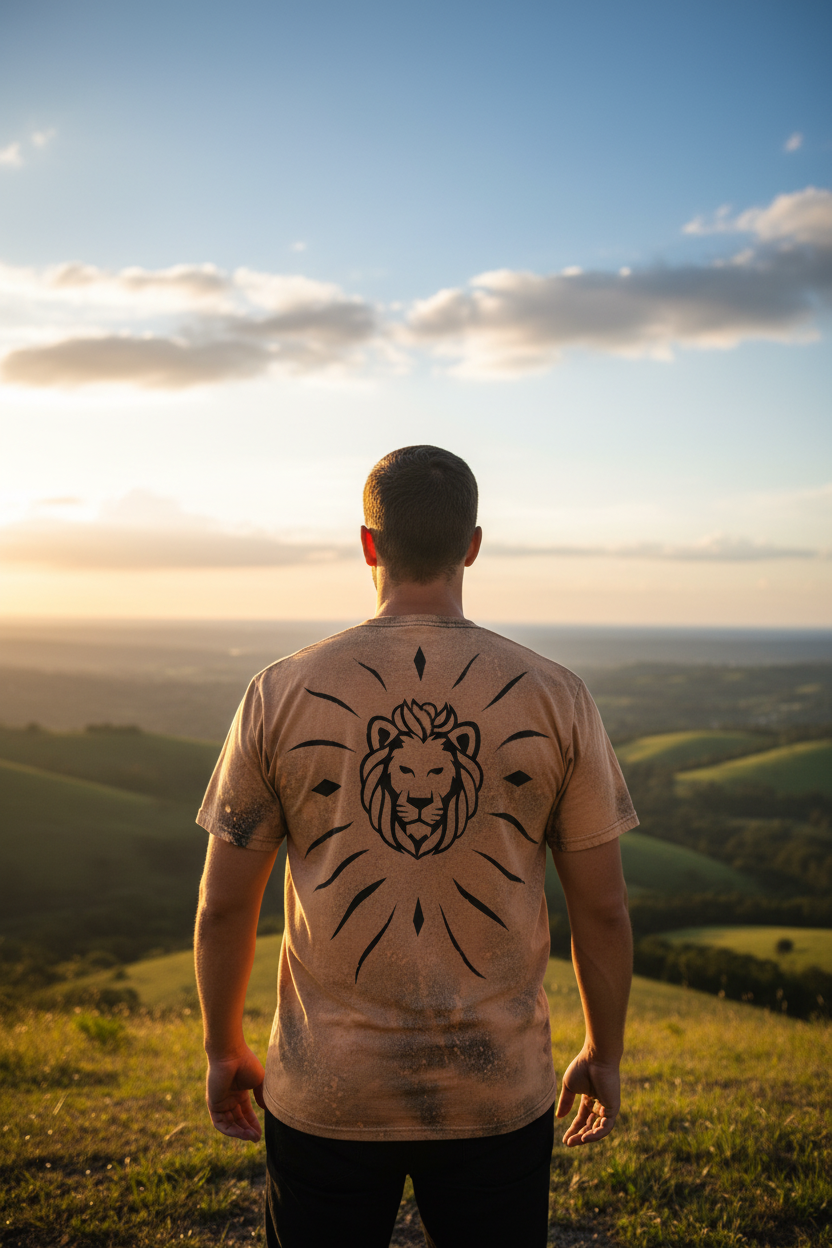 Eye of a Tiger back shot man on hilltop with lion sunburst design