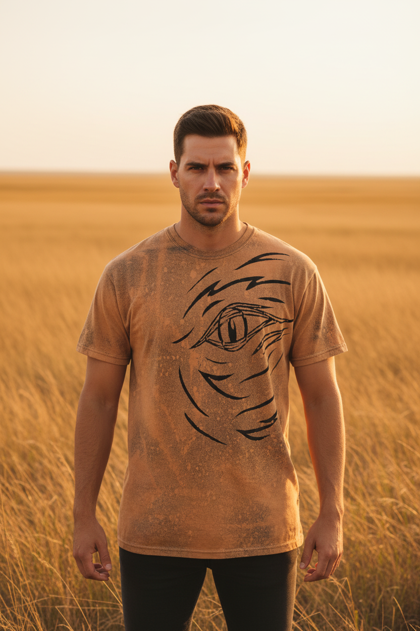 Eye of a Tiger front shot man in savanna with tiger eye design