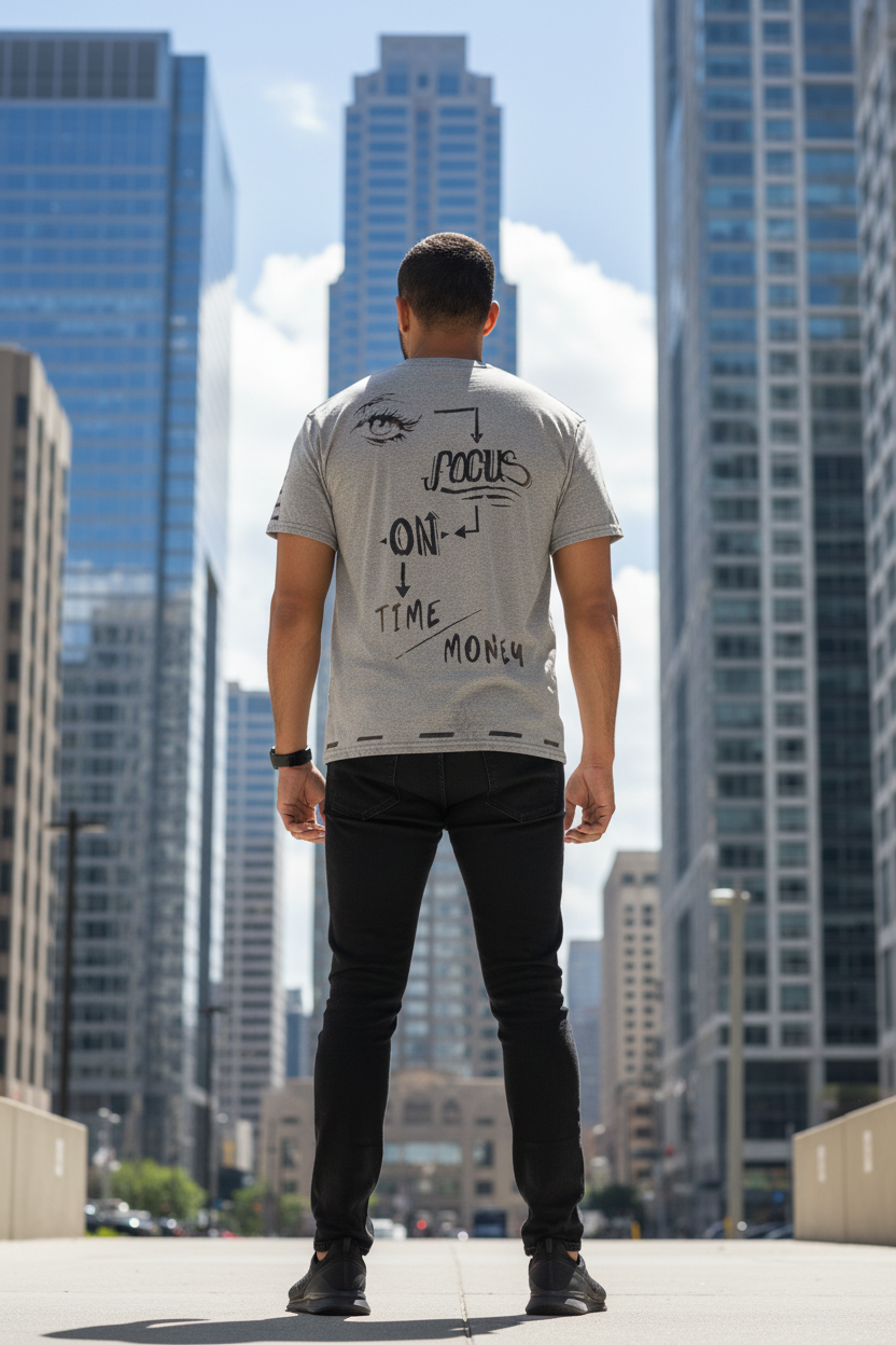 Focus back shot man in financial district with flowchart design