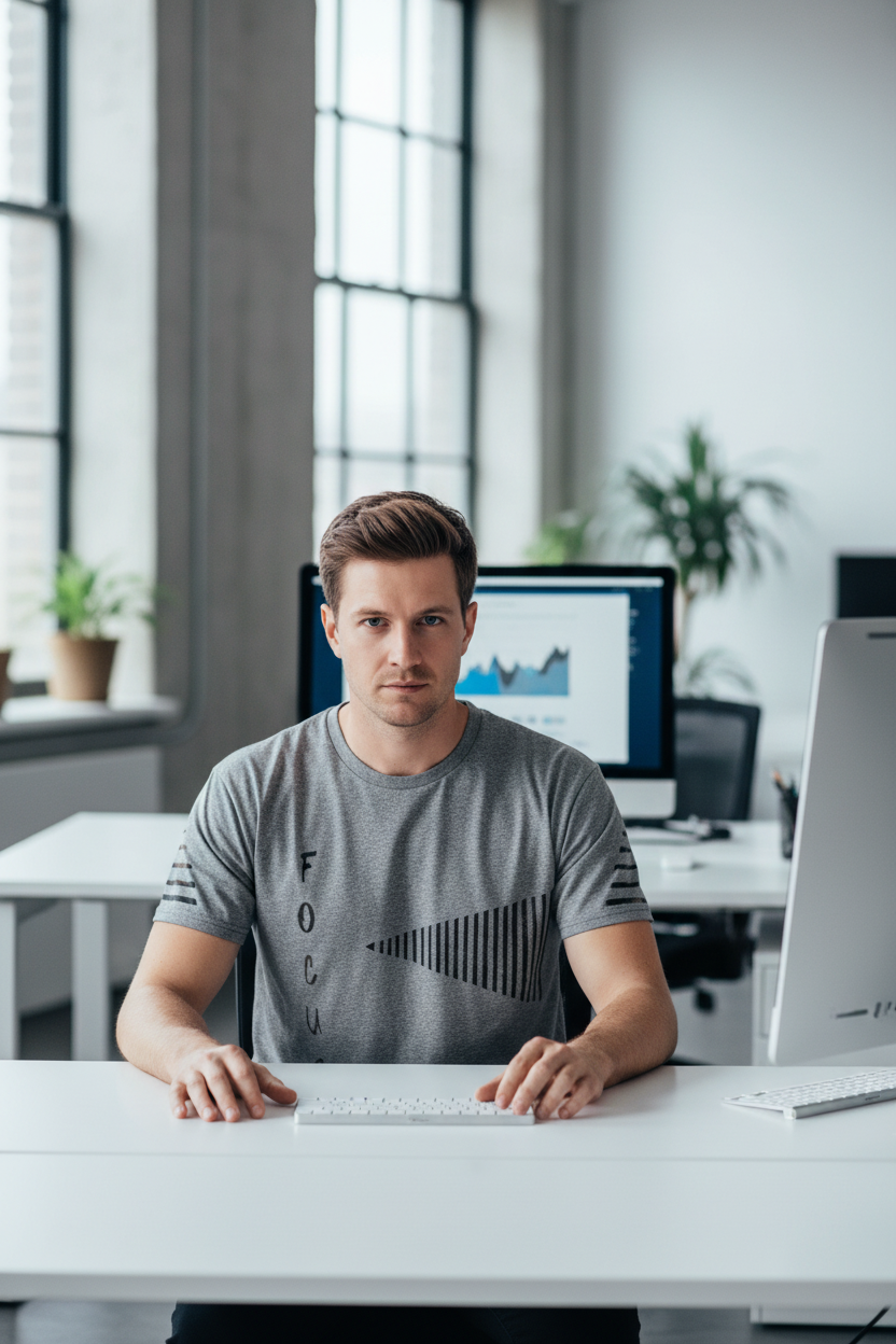Focus front shot man at modern desk with FOCUS geometric design