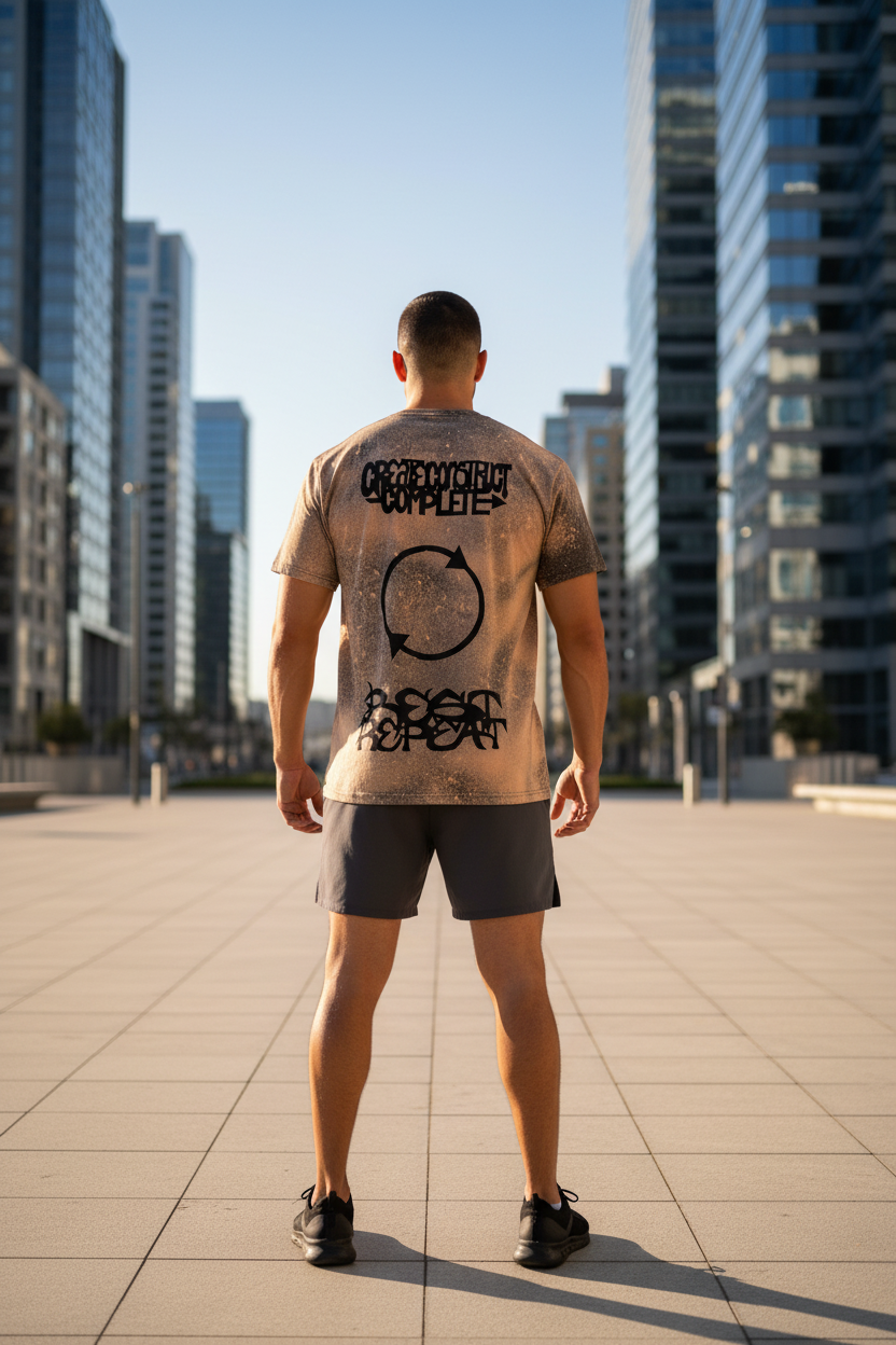 Four Rules to Complete back shot man in urban plaza with cycle design