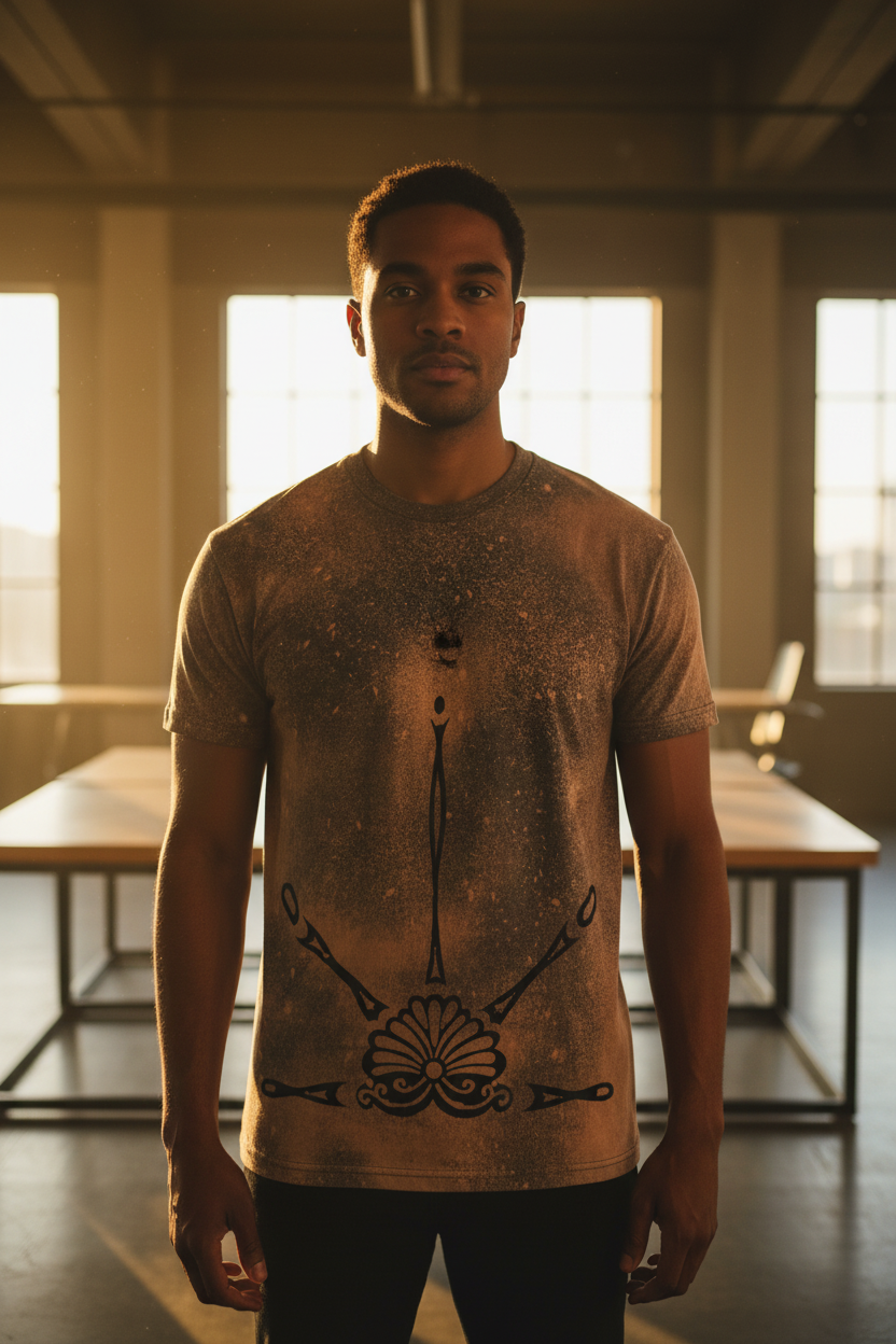 Four Rules to Complete front shot man in workspace with rising figure mandala design
