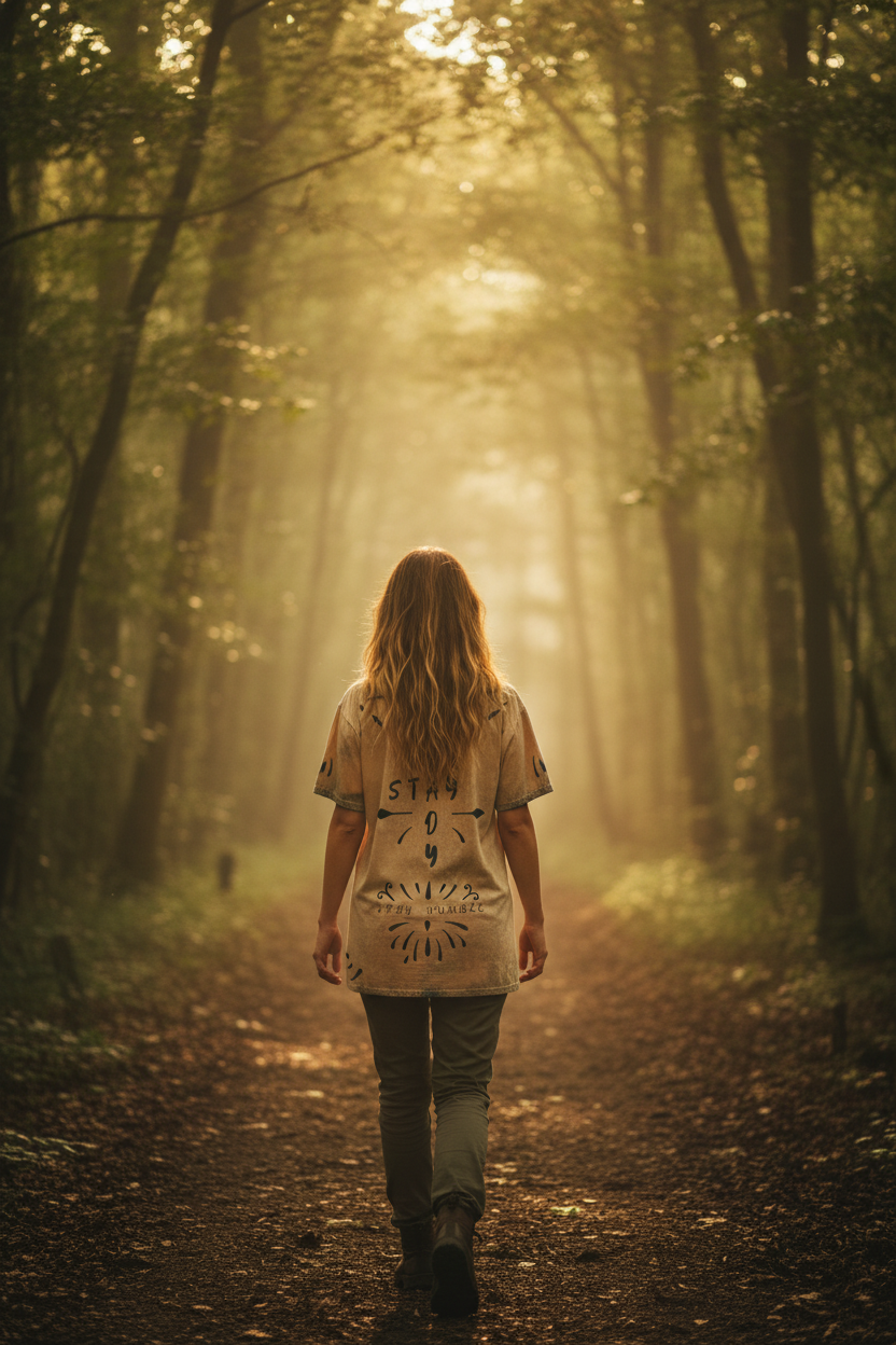 Future is unkNOWn back shot woman walking misty forest path