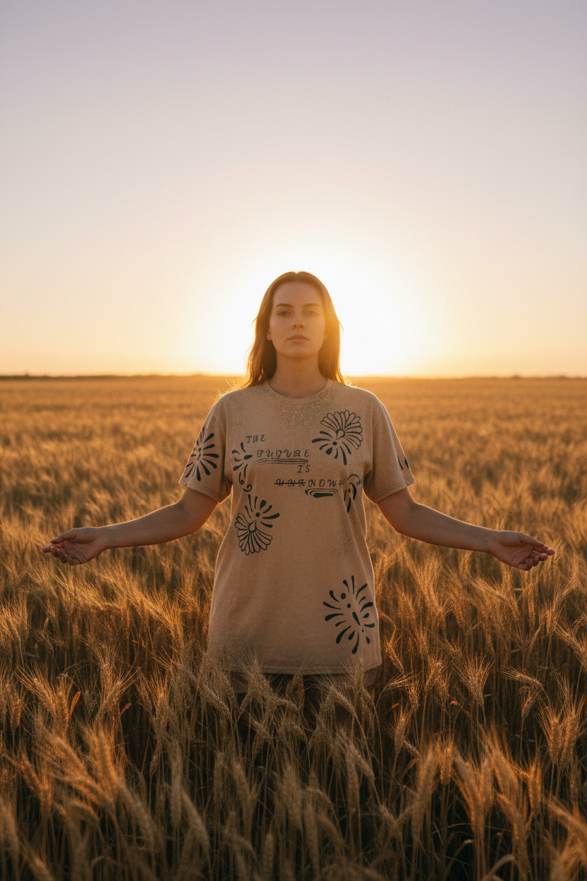 Future is unkNOWn front shot woman in golden wheat field