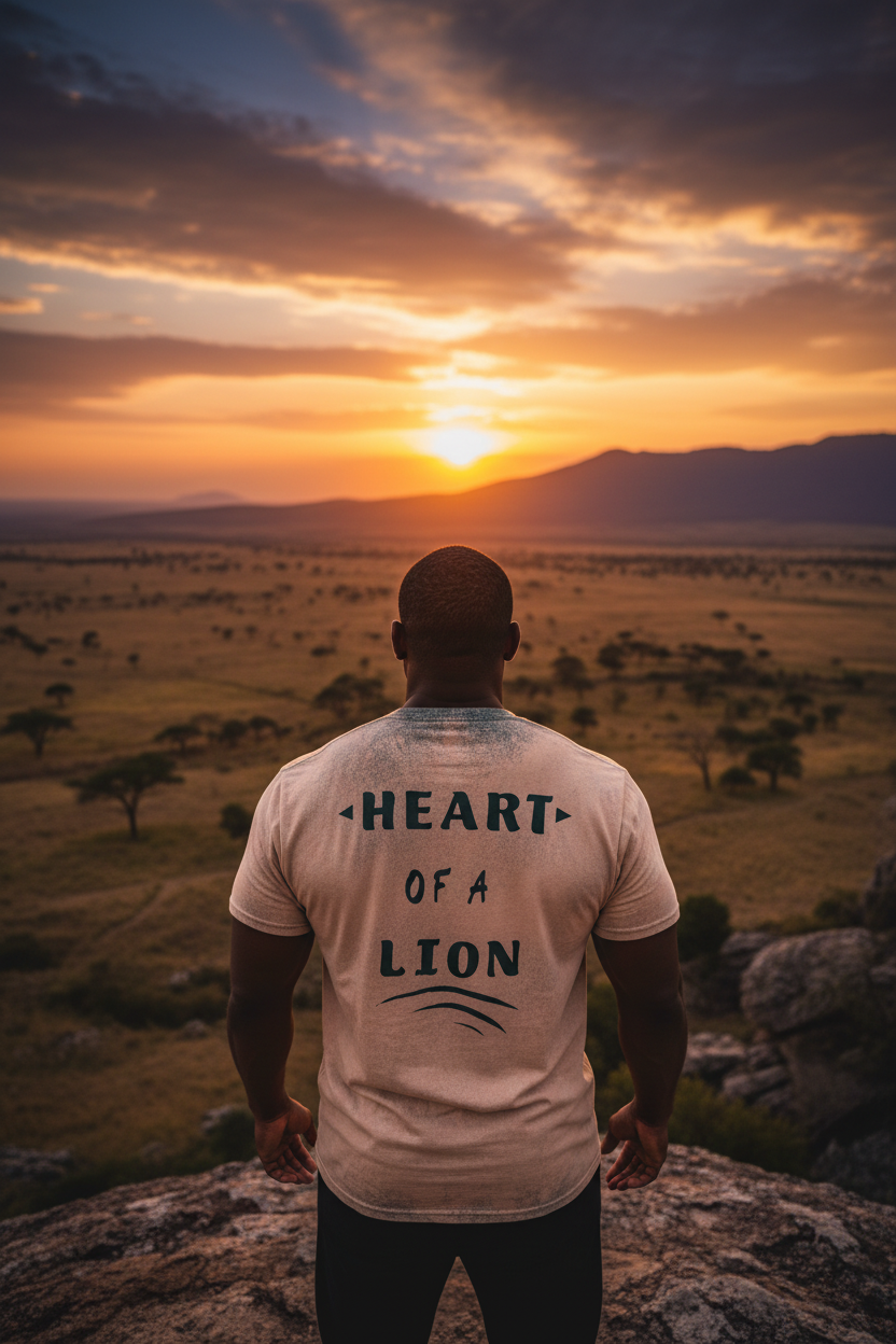 Heart of a LION back shot man on cliff overlooking savanna at sunset