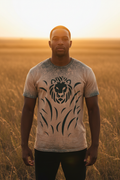 Heart of a LION front shot man in African savanna with lion grass design