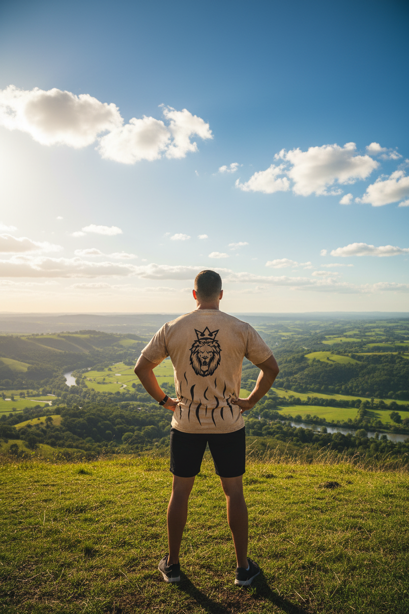 King Tiger back shot man on hilltop with crowned lion and flames design