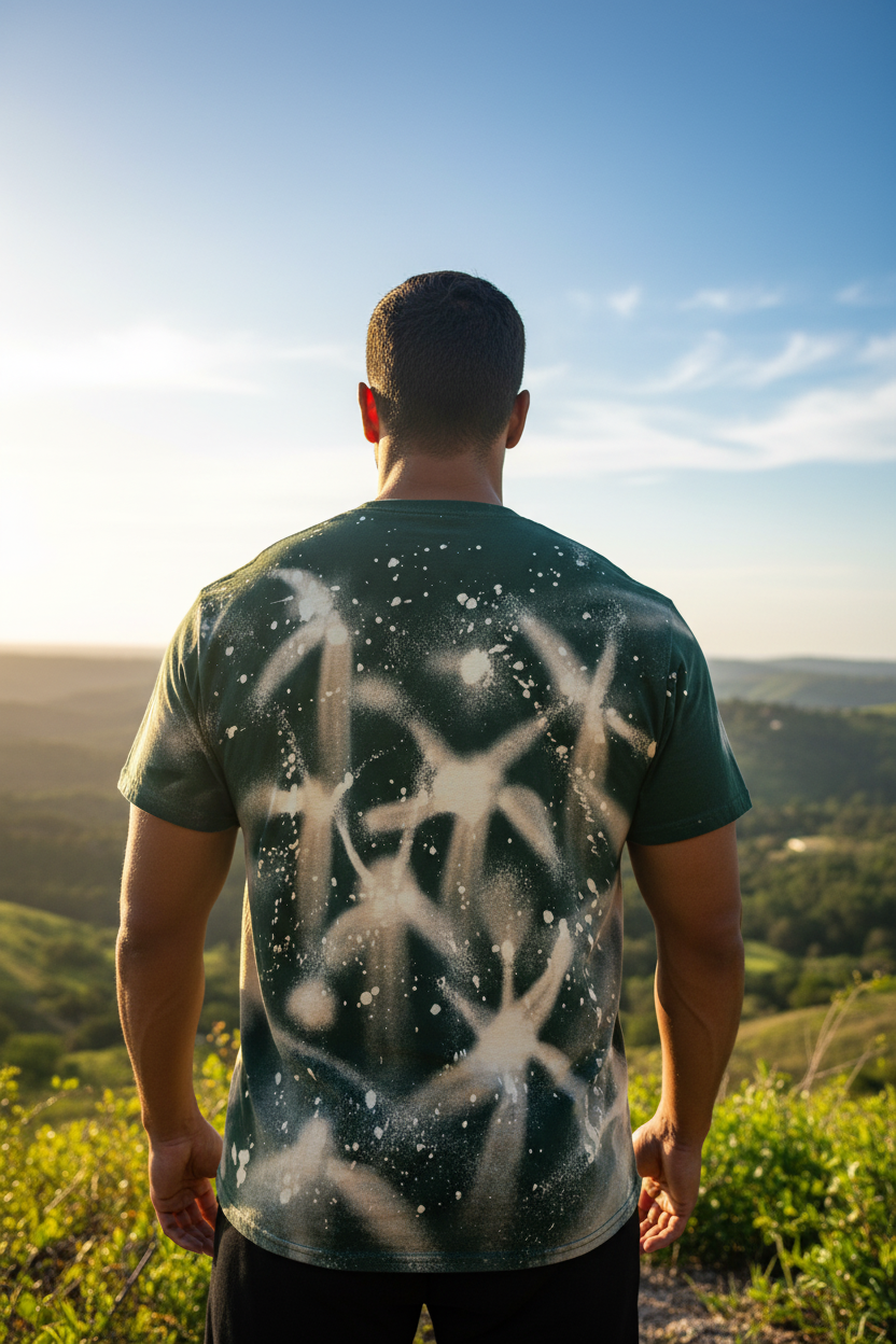 Mind of the LION back shot man on hilltop with geometric star bleach pattern