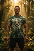 Mind of the LION front shot man in jungle with lion sunburst design