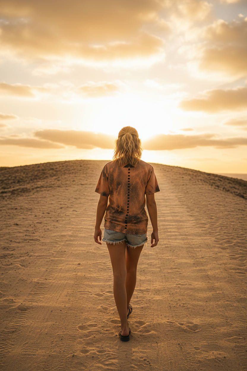 Open Your Mind back shot woman walking toward sky with arrow spine design