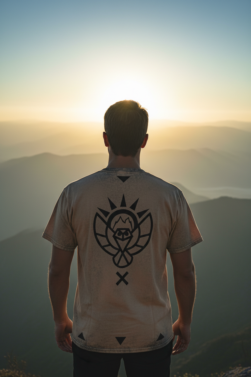 Owl Stay Wise back shot man on misty mountain with geometric owl totem