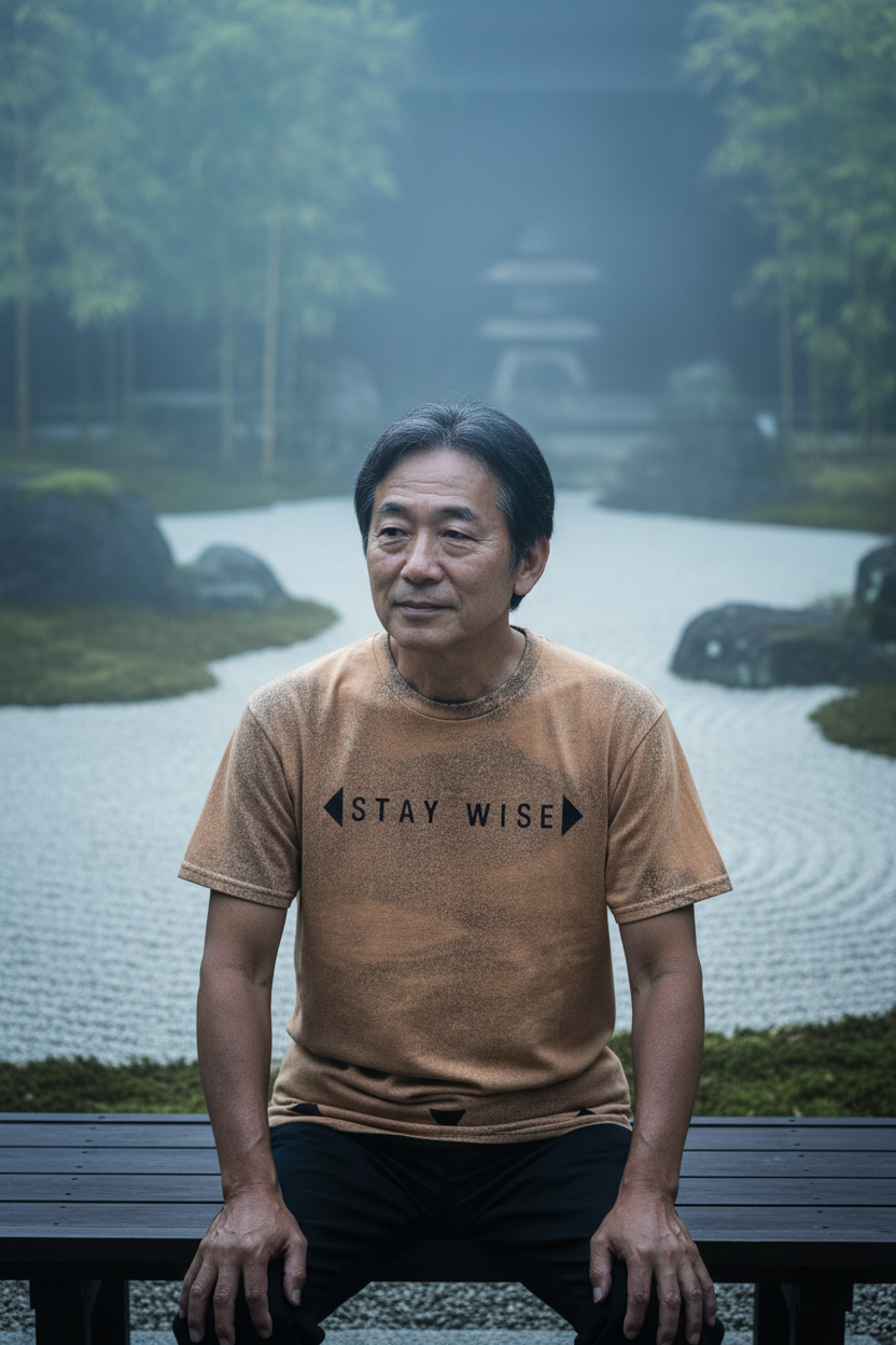 Owl Stay Wise front shot man in zen garden with STAY WISE text