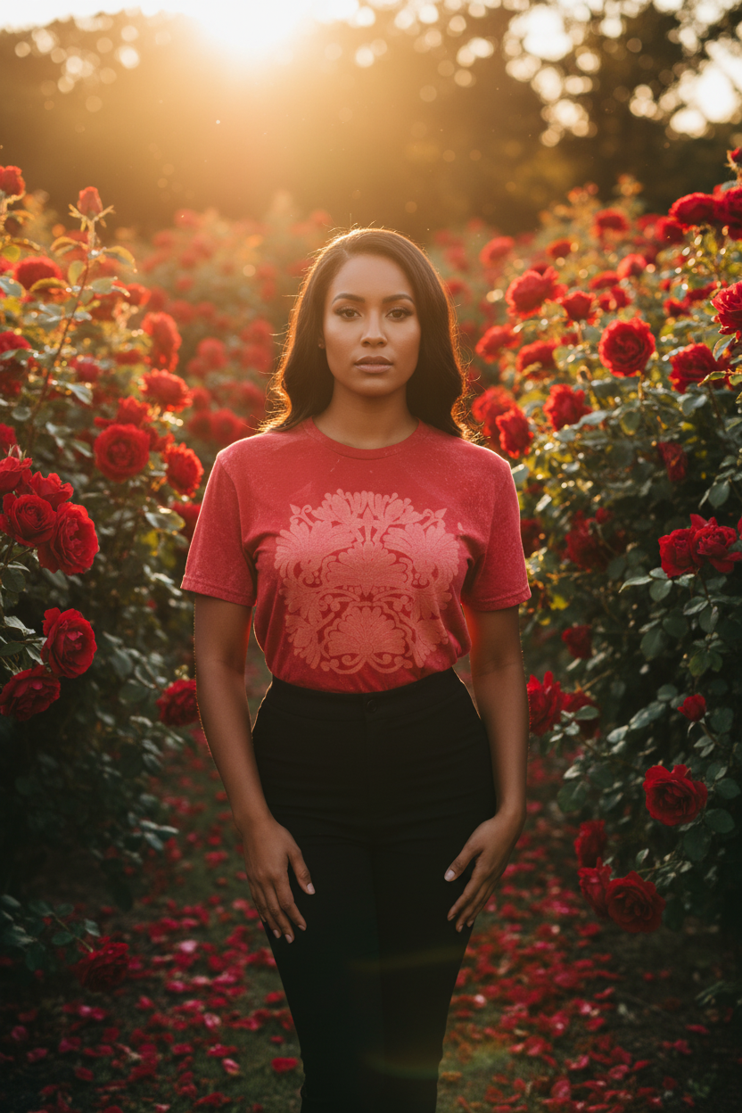 Red Beauty front shot woman in rose garden with floral mandala design