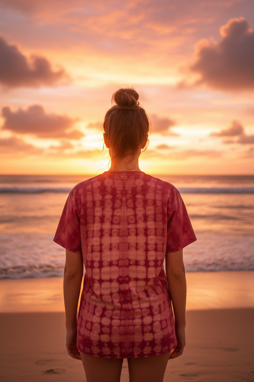Red Check Ties back shot woman on beach at sunset