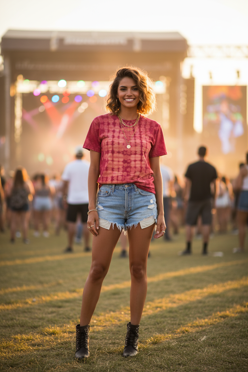 Red Check Ties front shot woman at summer music festival