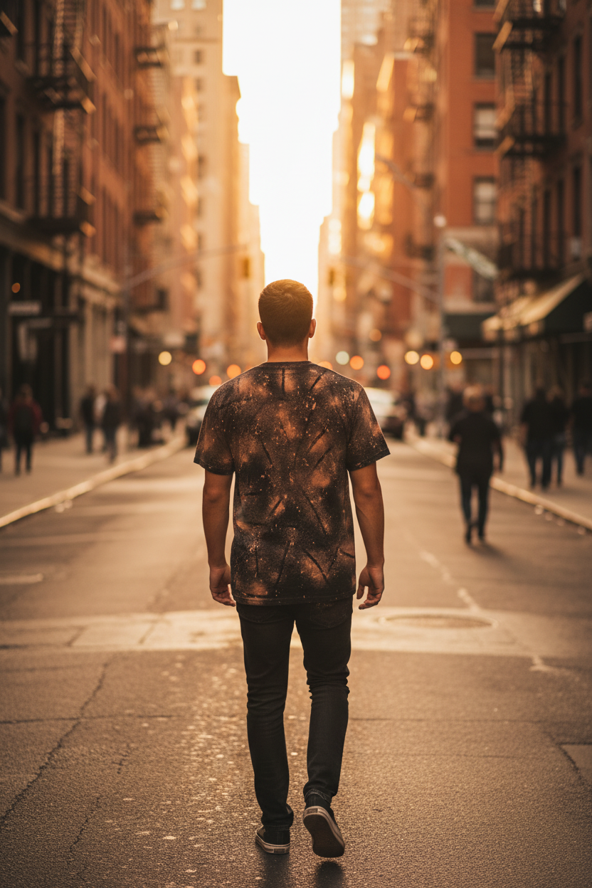 Stay on ONE back shot man walking city street golden hour