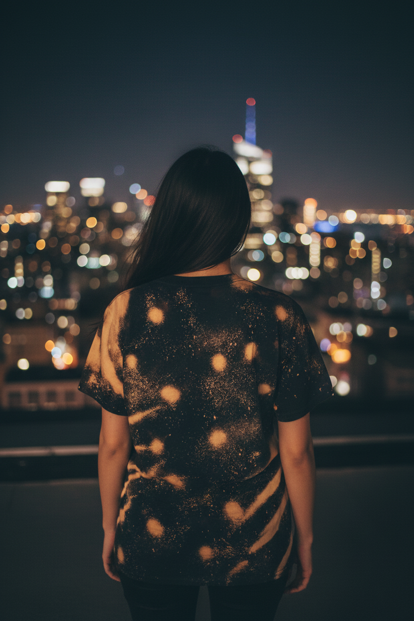 The Statue back shot woman on NYC rooftop at night with star bleach pattern