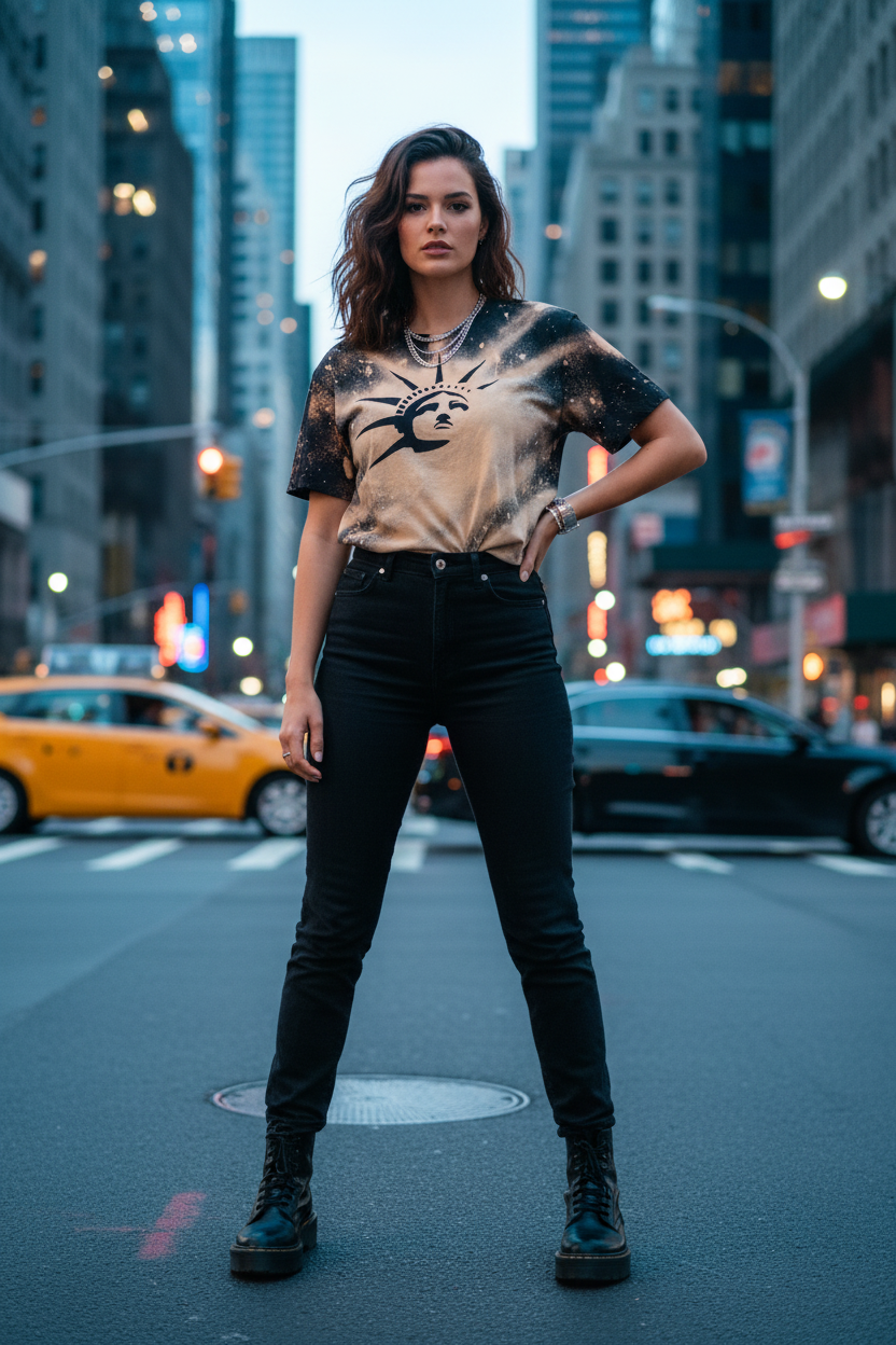 The Statue front shot woman on NYC street with Liberty design