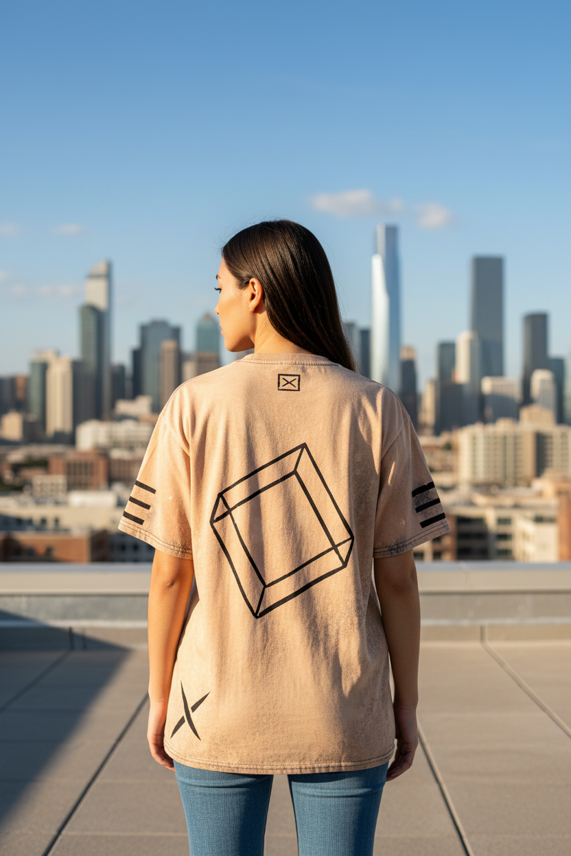 Think Outside the Box back shot woman on rooftop with 3D cube design