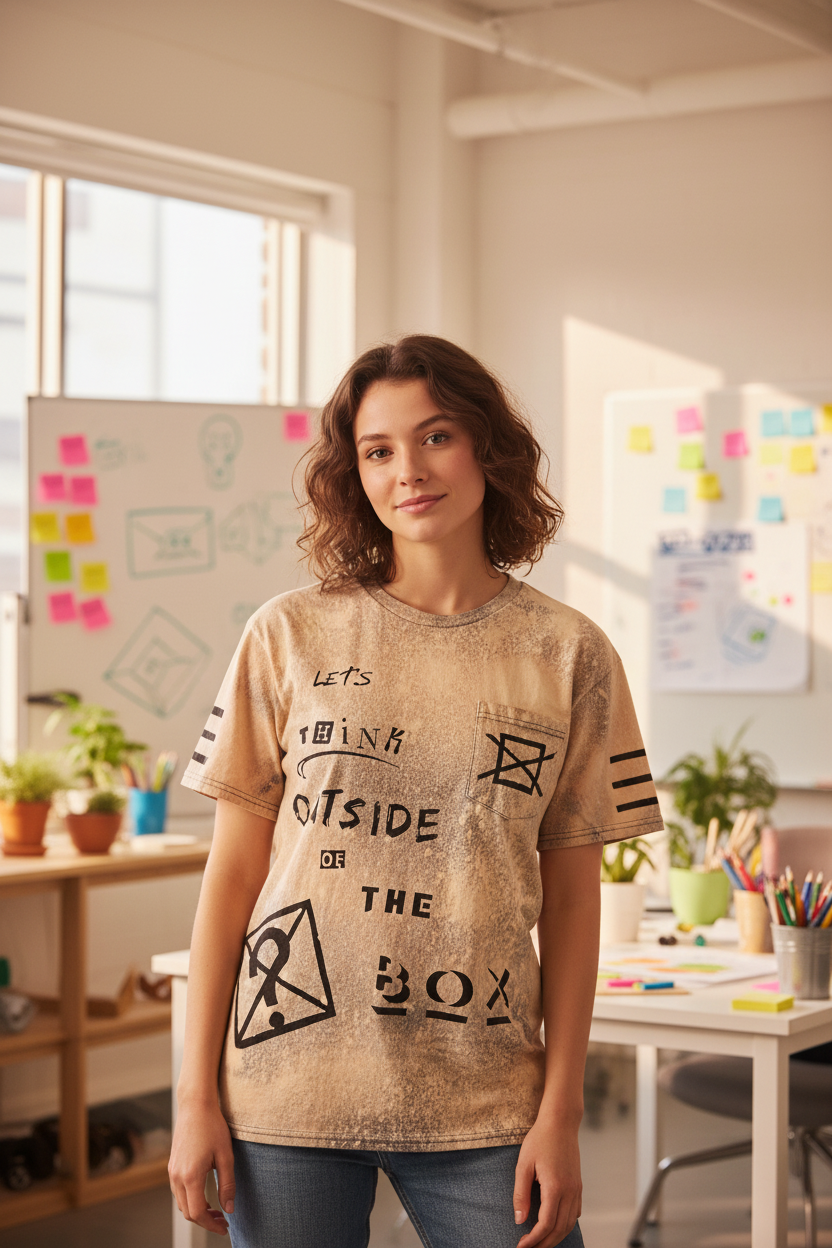 Think Outside the Box front shot woman in creative studio with hand-drawn text design