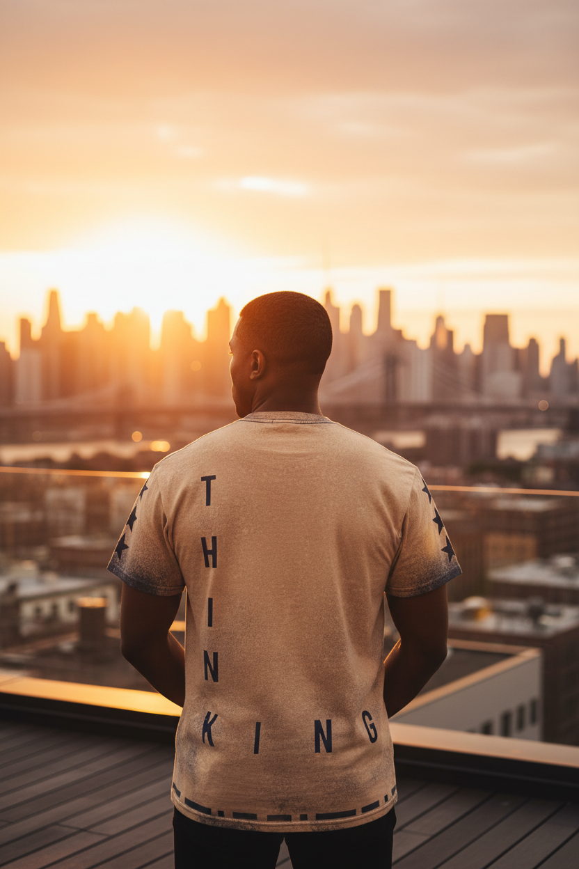ThinKING back text shot man on rooftop city