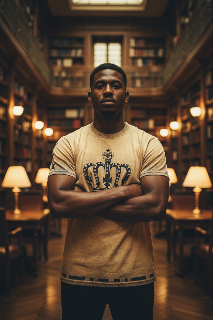 ThinKING front crown shot man in library