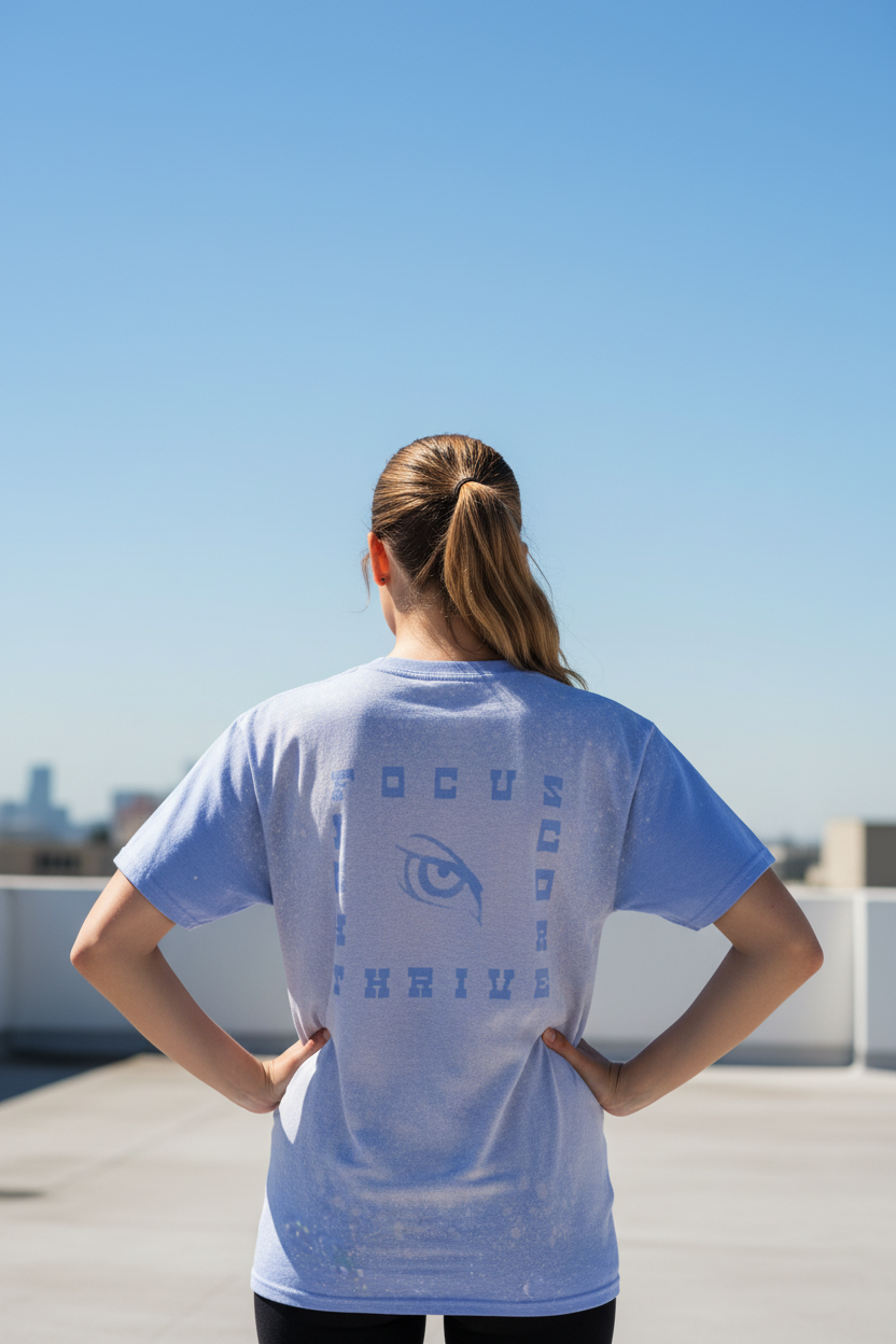 Vision Mission back shot woman on rooftop with Focus Fight Core Thrive text design
