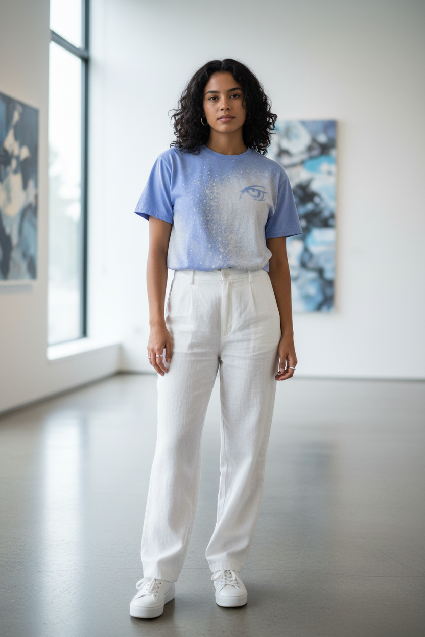 Vision Mission front shot woman in art gallery with blue bleach splatter eye design